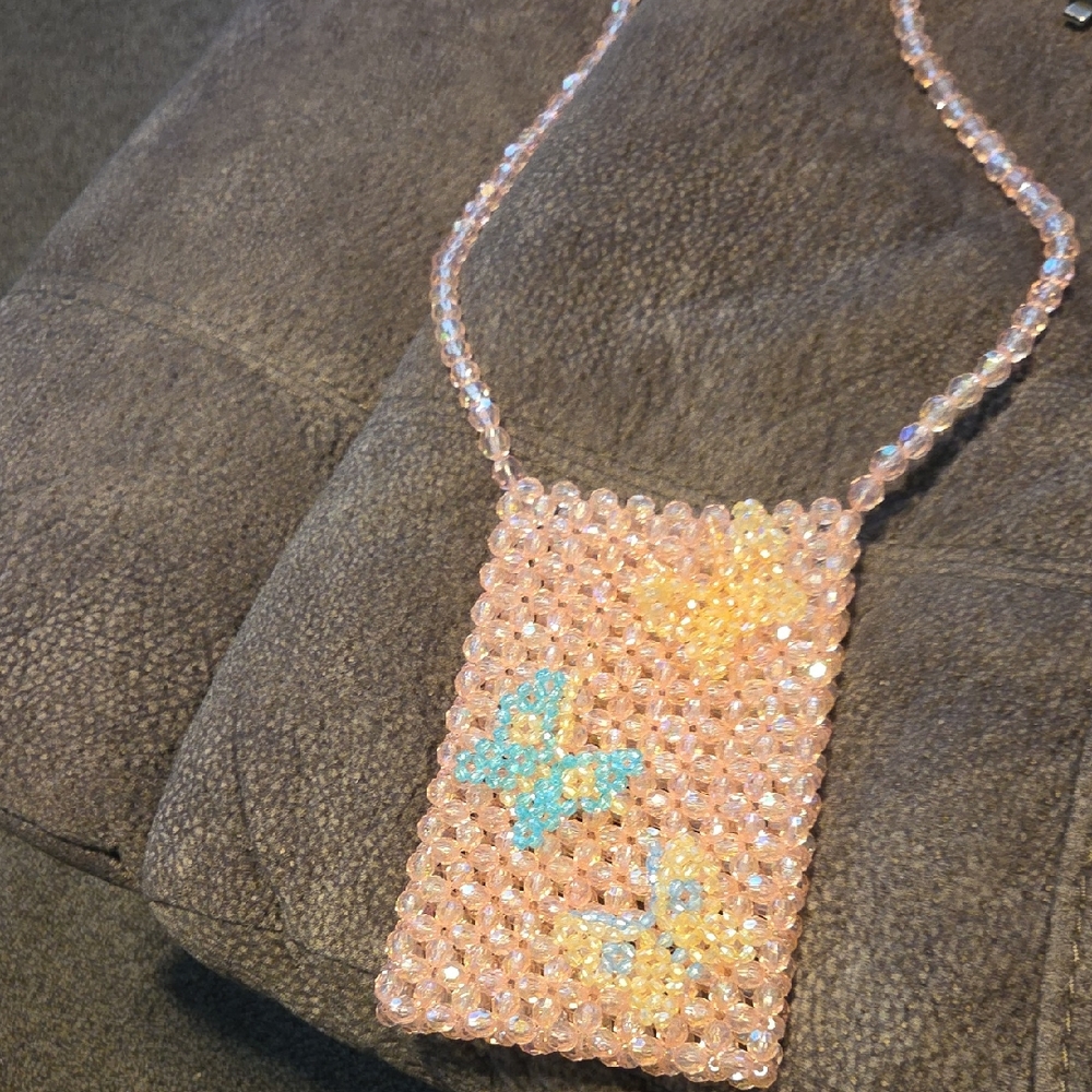Beaded Pink Butterfly Pendant Necklace